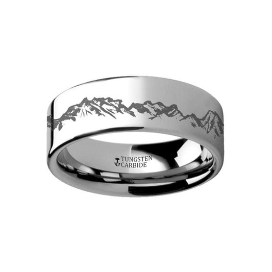 Outdoors Landscape Ring - Peaks Mountain Range - Laser Engraved Flat Tungsten Ring - 4mm - 6mm - 8mm - 10mm - 12mm - AydinsJewelry