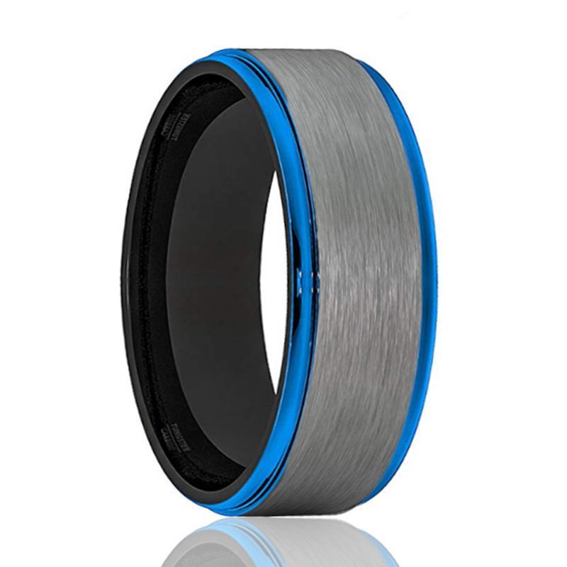 KNIGHT Blue Edges Tungsten Wedding Band Gray Brushed Black Inside ...