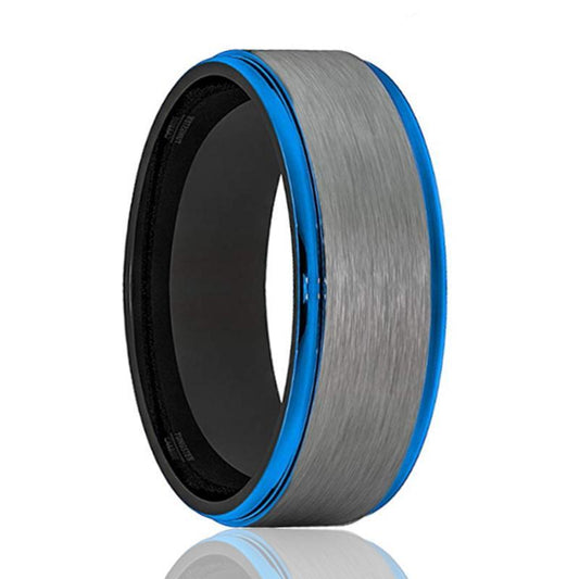 KNIGHT Blue Edges Tungsten Wedding Band Gray Brushed Black Inside