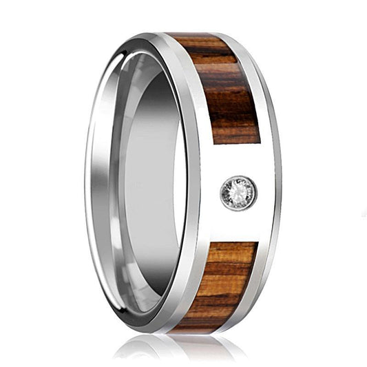 Zebra Wood Inlay Diamond Tungsten Wedding Band
