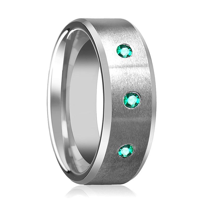 LEVI Green Emerald Beveled Edge Tungsten Ring