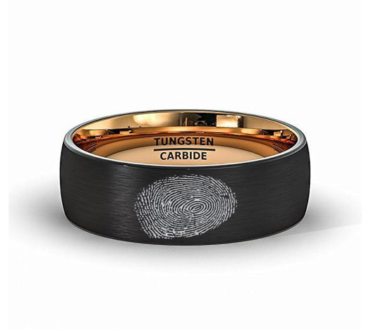 Finger Print Engraved Rose Gold Inlay Tungsten Ring Brushed Dome Comfort Fit - AydinsJewelry
