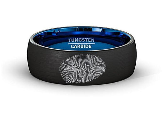 Finger Print Laser Engraved Mens Wedding Band Two Tone Black Blue Tungsten Ring Brushed Center Dome 8mm Comfort Fit - AydinsJewelry