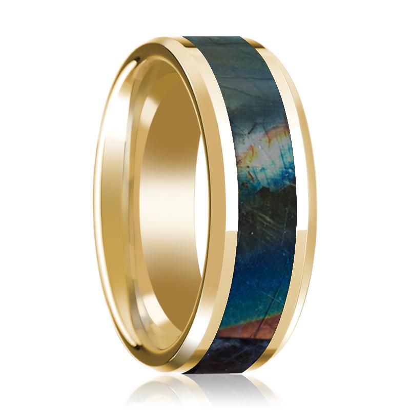 14K Yellow Gold Wedding Ring Inlaid with Spectrolite Beveled Edge Polished Design - AydinsJewelry