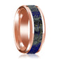 14K Rose Gold Lapis Inlay Beveled Edge Mens Wedding Band Polished Design - AydinsJewelry
