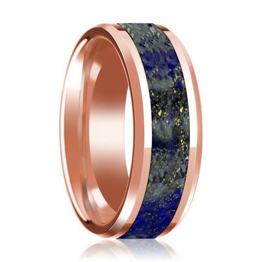 14K Rose Gold Lapis Inlay Beveled Edge Mens Wedding Band Polished Design - AydinsJewelry