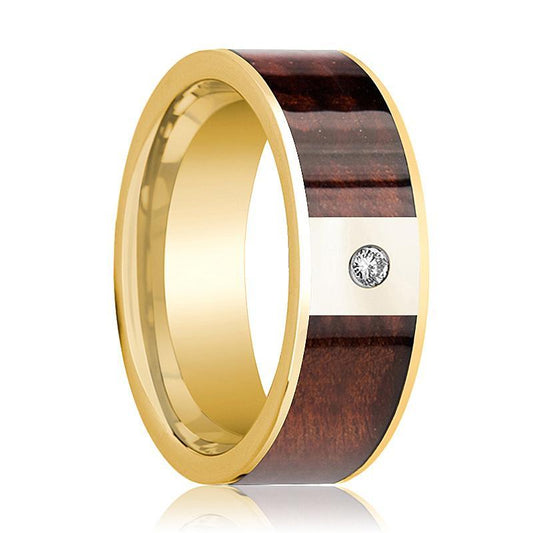 Mens Wedding Band Polished 14k Yellow Gold Flat Wedding Ring with Red Wood Inlay & Diamond - 8mm - AydinsJewelry