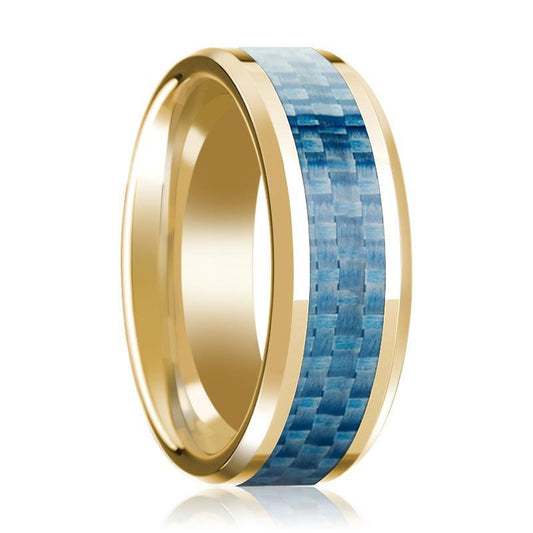 14K Yellow Gold Wedding Band with Blue Carbon Fiber Inlay Beveled Edge Polished Ring