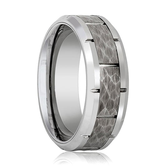 Mens Tungsten Wedding Band Silver Hammered Center 8mm Tungsten Carbide Ring
