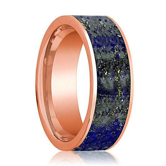Mens Wedding Band 14K Rose Gold with Blue Lapis Lazuli Inlay Flat Polished Design - AydinsJewelry