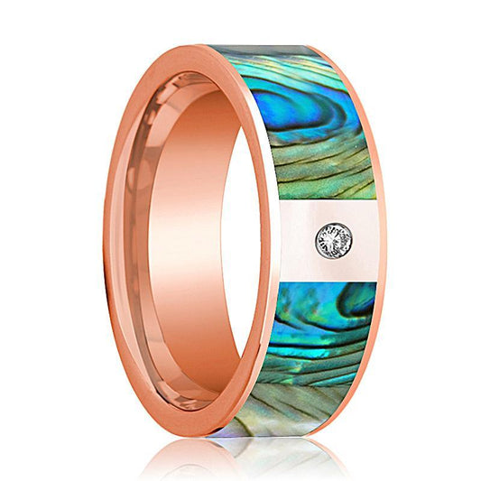 Mens Wedding Band 14K Rose Gold with Mother of Pearl Inlay and Diamond Flat Polished Design - AydinsJewelry