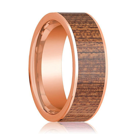 Mens Wedding Band Polished Flat 14k Rose Gold Wedding Ring with Sapele Wood Inlay - 8mm - AydinsJewelry