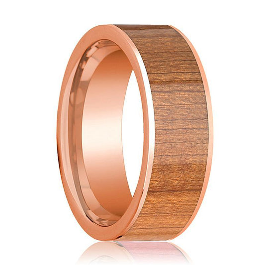 Mens Wedding Band Polished Flat 14k Rose Gold Wedding Ring with Cherry Wood Inlay - 8mm - AydinsJewelry