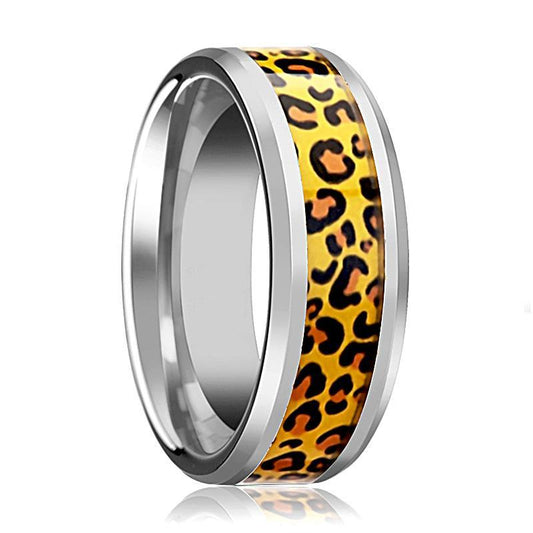 Tungsten Cheetah Print Animal Design Inlay - Tungsten Wedding Band - Beveled - Polished Finish - 6mm - 8mm - Tungsten Wedding Ring - AydinsJewelry