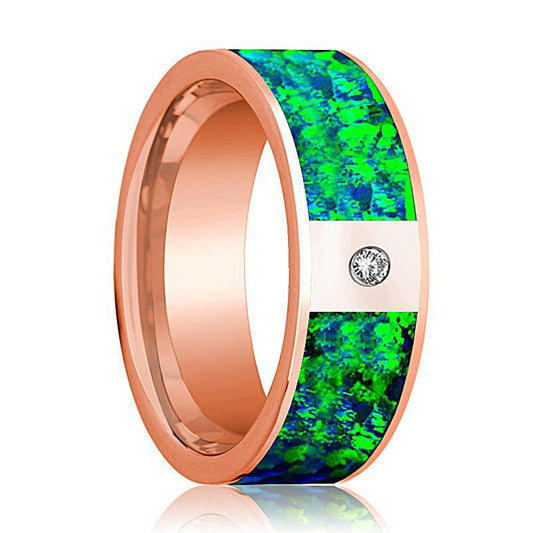 Mens Wedding Band 14K Rose Gold with Emerald Green and Sapphire Blue Opal Inlay and Diamond Flat Polished Design - AydinsJewelry