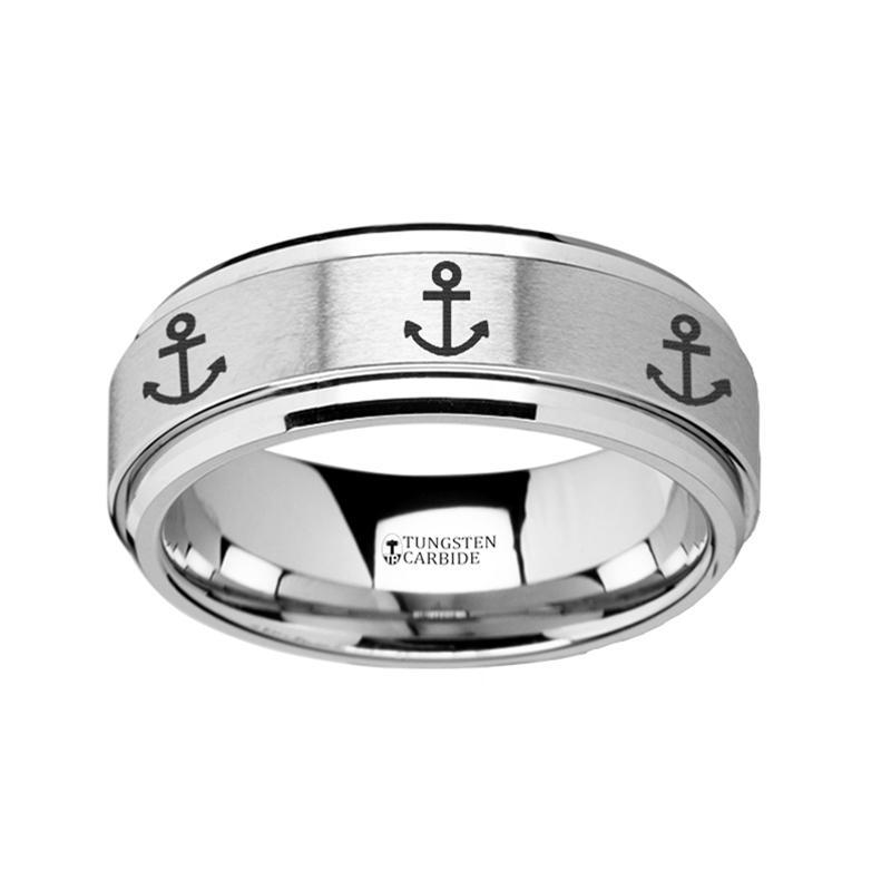 Anchor Engraved - Spinning Tungsten Ring - Laser Engraved - Tungsten Carbide Wedding Band - 8mm - AydinsJewelry