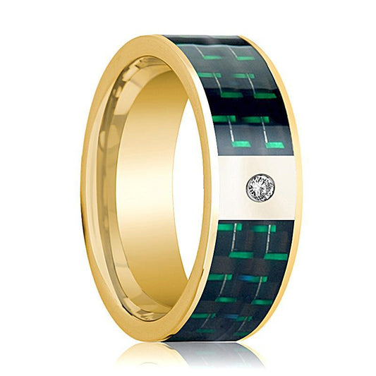 Mens Wedding Band 14K Yellow Gold and Diamond with Black & Green Carbon Fiber Inlay Flat Polished Design