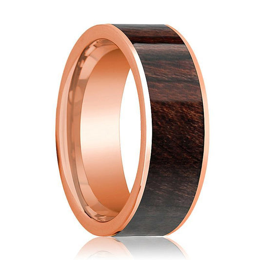 Mens Wedding Band Polished Flat 14k Rose Gold Wedding Ring with Bubinga Wood Inlay - 8mm - AydinsJewelry