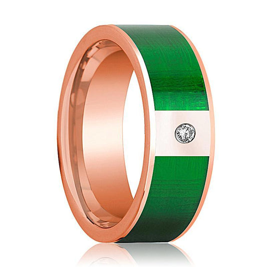 Mens Wedding Band 14K Rose Gold with Textured Green Inlay and Diamond Flat Polished Design - AydinsJewelry