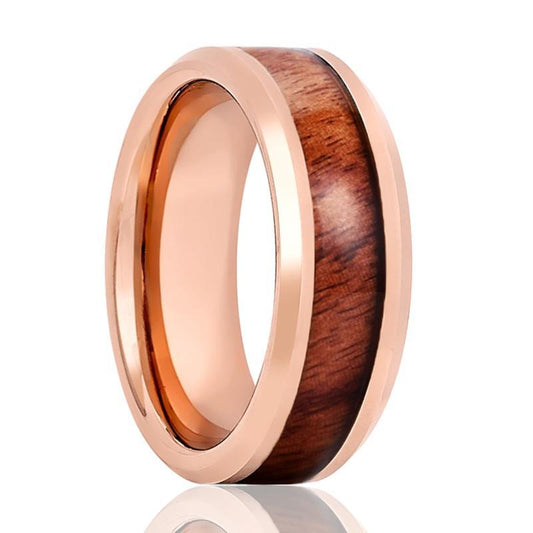 Tungsten Wood Ring Rose Gold with Hawaiian Koa Wood Inlay Shiny Beveled Edge 8mm Tungsten Carbide Wedding Ring