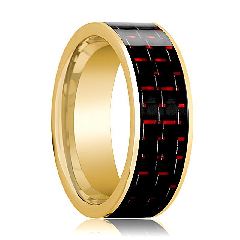 Mens Wedding Band 14K Yellow Gold with Black & Red Carbon Fiber Inlay Flat Polished Design