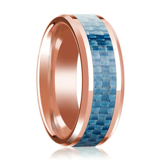 14K Rose Gold Mens Wedding Band with Blue Carbon Fiber Inlay Beveled Edge Polished