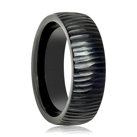 Tungsten Mens Ring Black Tree Bark Carved Textured Finish Tungsten Carbide Wedding Band