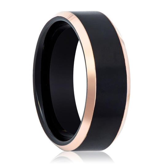 Black and Rose Gold Beveled Edge Tungsten Men's Wedding Band