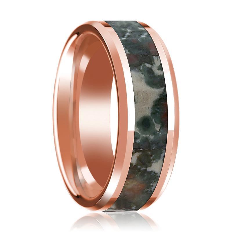 Rose Gold 14k Wedding Band with Coprolite Fossil Inlay Beveled Edge and Polished Design