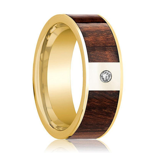 Mens Wedding Band 14k Yellow Gold Polished Flat Wedding Ring with Carpathian Wood Inlay & Diamond - 8mm - AydinsJewelry