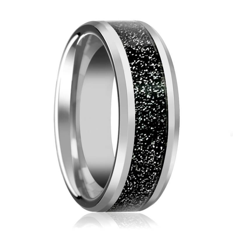 Mens Tungsten Wedding Band w/ Black Sandstone Carbon Fiber Inlay Beveled Edges 8mm Tungsten Carbide Ring
