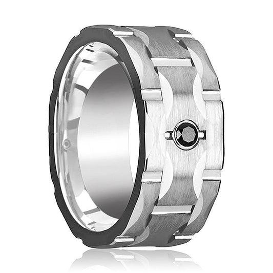 RAMA Wide Grooved Black Diamond Tungsten Wedding Ring