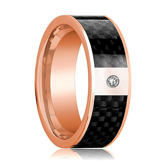 Mens Wedding Band 14K Rose Gold and Diamond with Black Carbon Fiber Inlay Flat Polished Design