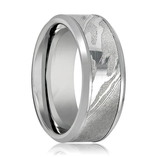 Tungsten Band Laser Engraved Wood Grain Pattern w/ Mokume Game Effect 9mm Tungsten Carbide