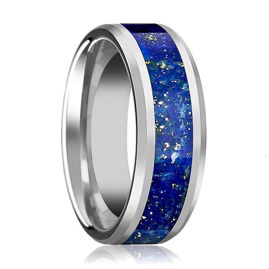 Tungsten Blue Lapis Inlay - Tungsten Wedding Band - Beveled - Polished Finish - 8mm - Tungsten Wedding Ring - AydinsJewelry