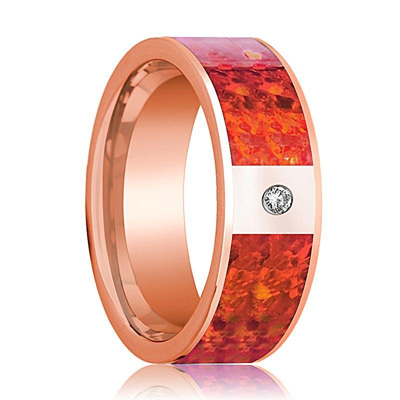 Mens Wedding Band 14K Rose Gold with Red Opal Inlay and Diamond Flat Polished Design - AydinsJewelry
