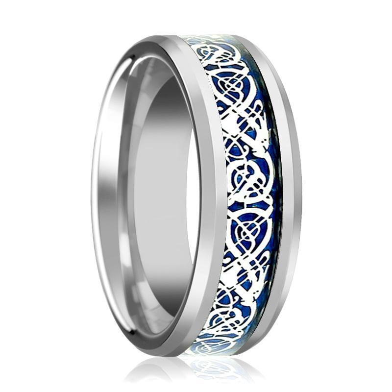 Tungsten Wedding Band Polished w/ Blue Celtic Dragon Inlay 8mm Tungsten Carbide Ring