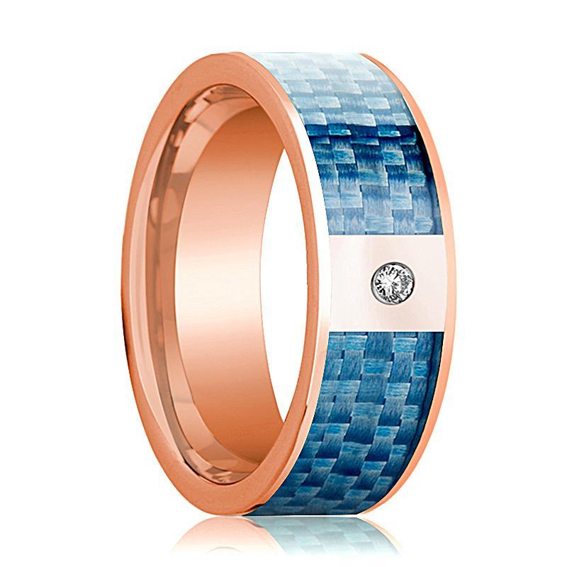 Mens Wedding Band 14K Rose Gold and Diamond with Blue Carbon Fiber Inlay Flat Polished Design