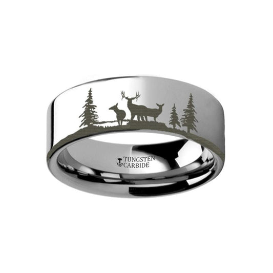 Animal Landscape Scene - Deer Stag Mountain Range Ring - Laser Engraved - Flat Tungsten Ring - 4mm - 6mm - 8mm - 10mm - 12mm - AydinsJewelry