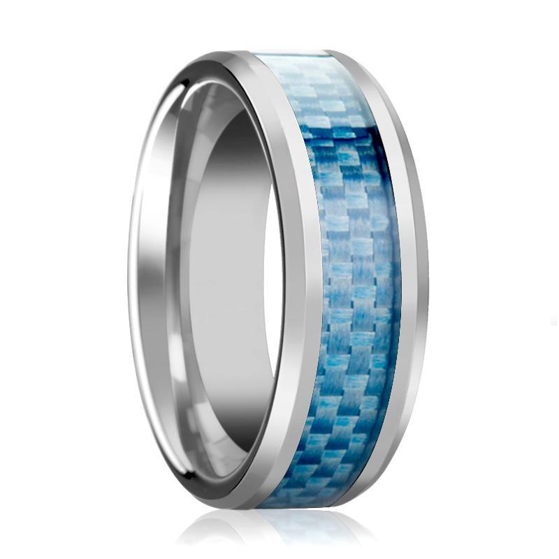 Tungsten Blue Carbon Fiber Inlay Beveled Edges 4mm, 6mm, 8mm, 10mm Tungsten Carbide Wedding Ring