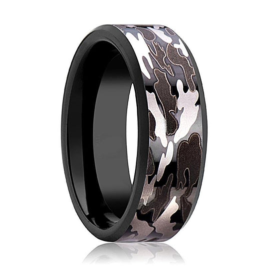 Camo Wedding Band - Black Tungsten - Black and Gray Camo - Tungsten Wedding Band - Beveled - Polished Finish - 8mm - Tungsten Wedding Ring