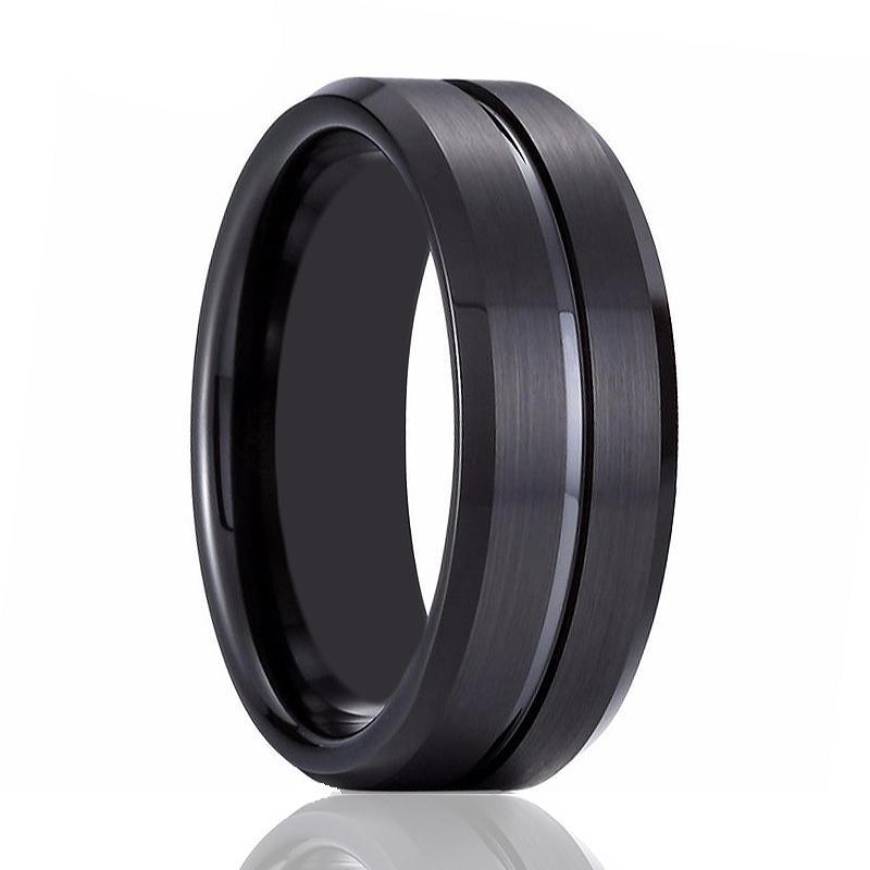 Tungsten Mens Wedding Band Black Brushed w/ Black Groove 6mm, 8mm Tungsten Carbide Ring