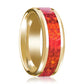 Mens Wedding Ring 14K Yellow Gold with Red Opal Inlay Beveled Polished Band