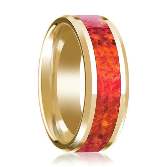 Mens Wedding Ring 14K Yellow Gold with Red Opal Inlay Beveled Polished Band