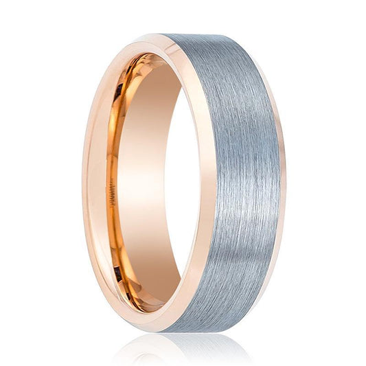 Rose Gold Tungsten Mens Ring Silver Brushed Center