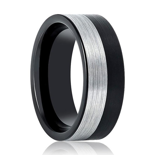 Tungsten Mens Wedding Band Two Tone Silver & Black Brushed 8mm Tungsten Carbide Ring