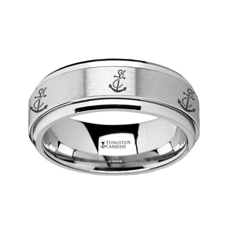 Artistic Anchor Engraved - Spinning Tungsten Ring - Laser Engraved - Tungsten Carbide Wedding Band - 8mm - AydinsJewelry