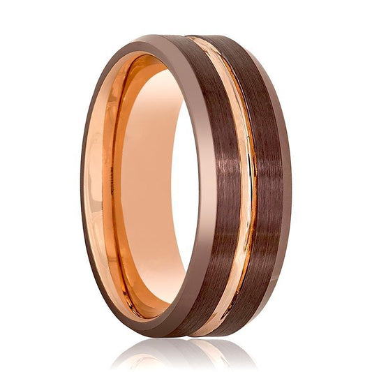 Rose Gold & Brown Grooved Tungsten Wedding Band for Men 8mm Beveled Edge Tungsten Carbide Wedding Ring