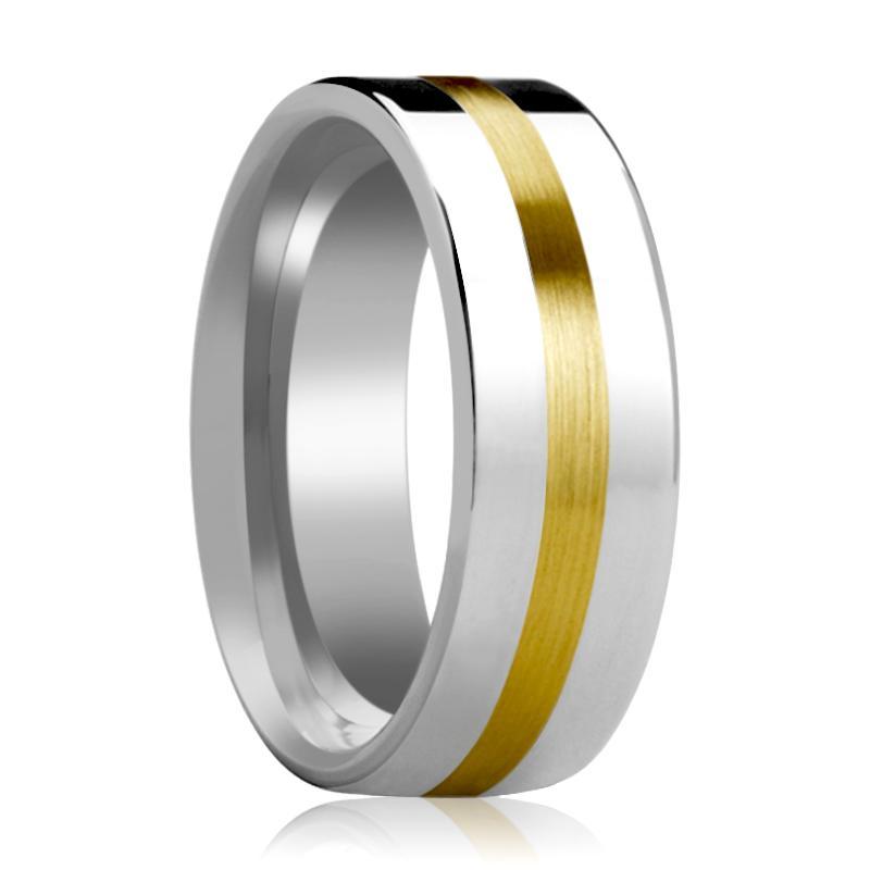 Tungsten Wedding Band with 14k Gold Stripe Inlay Flat Polished Finish 6mm, 8mm