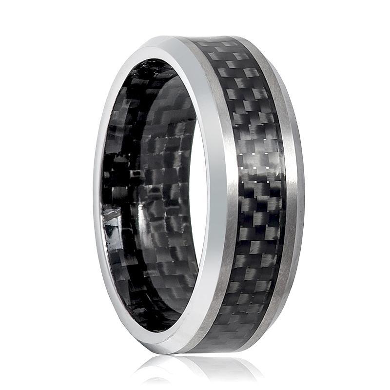 Mens Tungsten Wedding Band w/ Carbon Fiber Inlay & Inside the Band 8mm Tungsten Carbide Ring